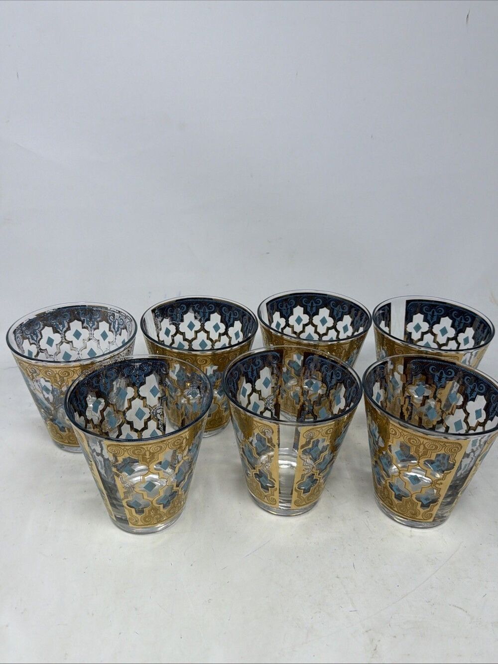 Vintage MCM Culver Seville Lowball Cocktail Glasses Aqua Blue & 22kt Gold 7 Pcs